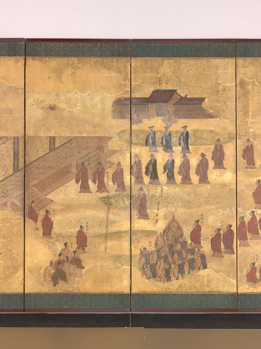 Scenes at the University with Images of the Ancient Sages; Debate and Banquet at the Administration Offices, Pair of six-panel folding screens; ink, color and gold on gilded paper, Japan