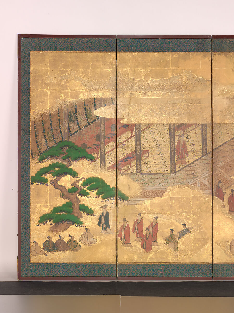 Scenes at the University with Images of the Ancient Sages; Debate and Banquet at the Administration Offices, Pair of six-panel folding screens; ink, color and gold on gilded paper, Japan