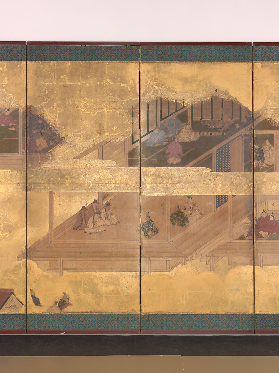 Scenes at the University with Images of the Ancient Sages; Debate and Banquet at the Administration Offices, Pair of six-panel folding screens; ink, color and gold on gilded paper, Japan