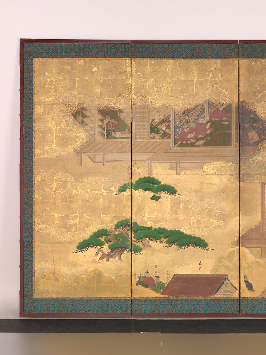 Scenes at the University with Images of the Ancient Sages; Debate and Banquet at the Administration Offices, Pair of six-panel folding screens; ink, color and gold on gilded paper, Japan