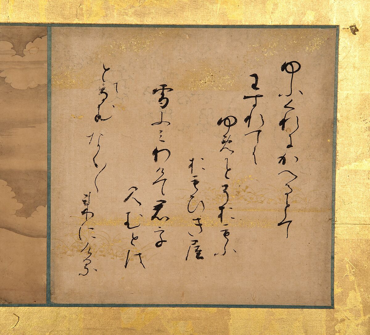 Forty-nine scenes from the Tales of Ise, Attributed to Satomura Genchin (Japanese, 1591–1665), Pair of six-panel folding screens, with ninety-eight paintings and poem cards (shikishi) applied to gold leaf on paper; paintings: ink and red ink on paper, text: ink on paper, Japan