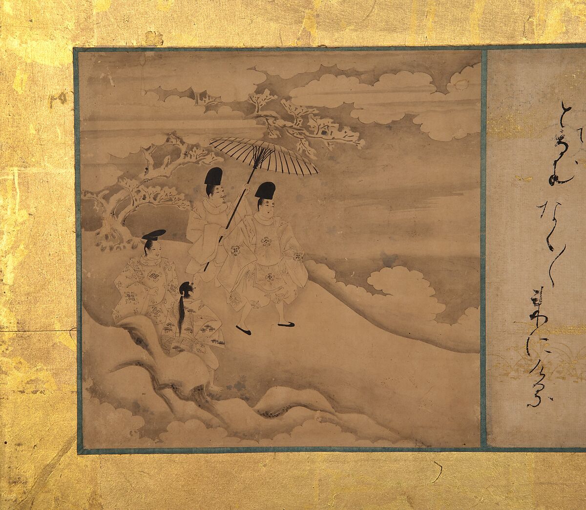 Forty-nine scenes from the Tales of Ise, Attributed to Satomura Genchin (Japanese, 1591–1665), Pair of six-panel folding screens, with ninety-eight paintings and poem cards (shikishi) applied to gold leaf on paper; paintings: ink and red ink on paper, text: ink on paper, Japan