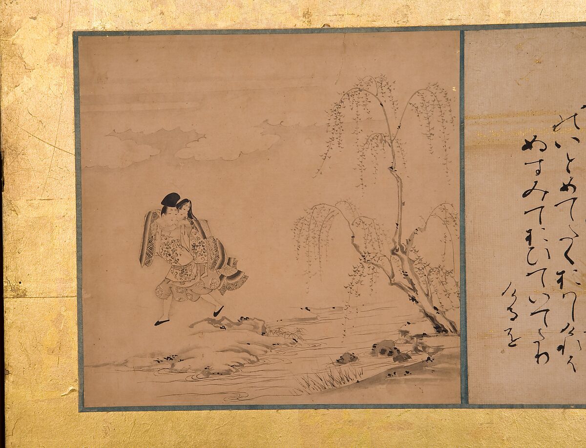 Forty-nine scenes from the Tales of Ise, Attributed to Satomura Genchin (Japanese, 1591–1665), Pair of six-panel folding screens, with ninety-eight paintings and poem cards (shikishi) applied to gold leaf on paper; paintings: ink and red ink on paper, text: ink on paper, Japan