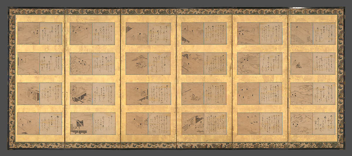Forty-nine scenes from the Tales of Ise, Attributed to Satomura Genchin (Japanese, 1591–1665), Pair of six-panel folding screens, with ninety-eight paintings and poem cards (shikishi) applied to gold leaf on paper; paintings: ink and red ink on paper, text: ink on paper, Japan 