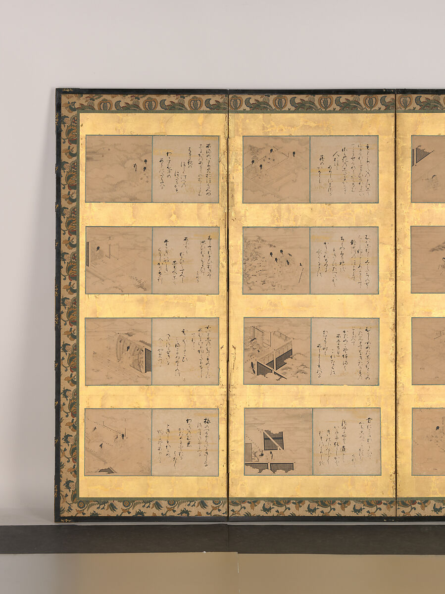 Forty-nine scenes from the Tales of Ise, Attributed to Satomura Genchin (Japanese, 1591–1665), Pair of six-panel folding screens, with ninety-eight paintings and poem cards (shikishi) applied to gold leaf on paper; paintings: ink and red ink on paper, text: ink on paper, Japan