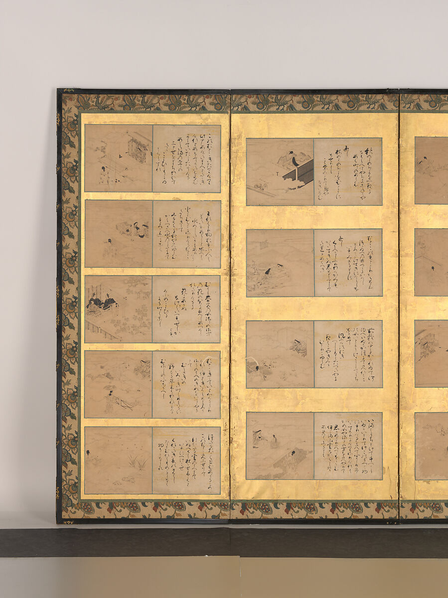 Forty-nine scenes from the Tales of Ise, Attributed to Satomura Genchin (Japanese, 1591–1665), Pair of six-panel folding screens, with ninety-eight paintings and poem cards (shikishi) applied to gold leaf on paper; paintings: ink and red ink on paper, text: ink on paper, Japan