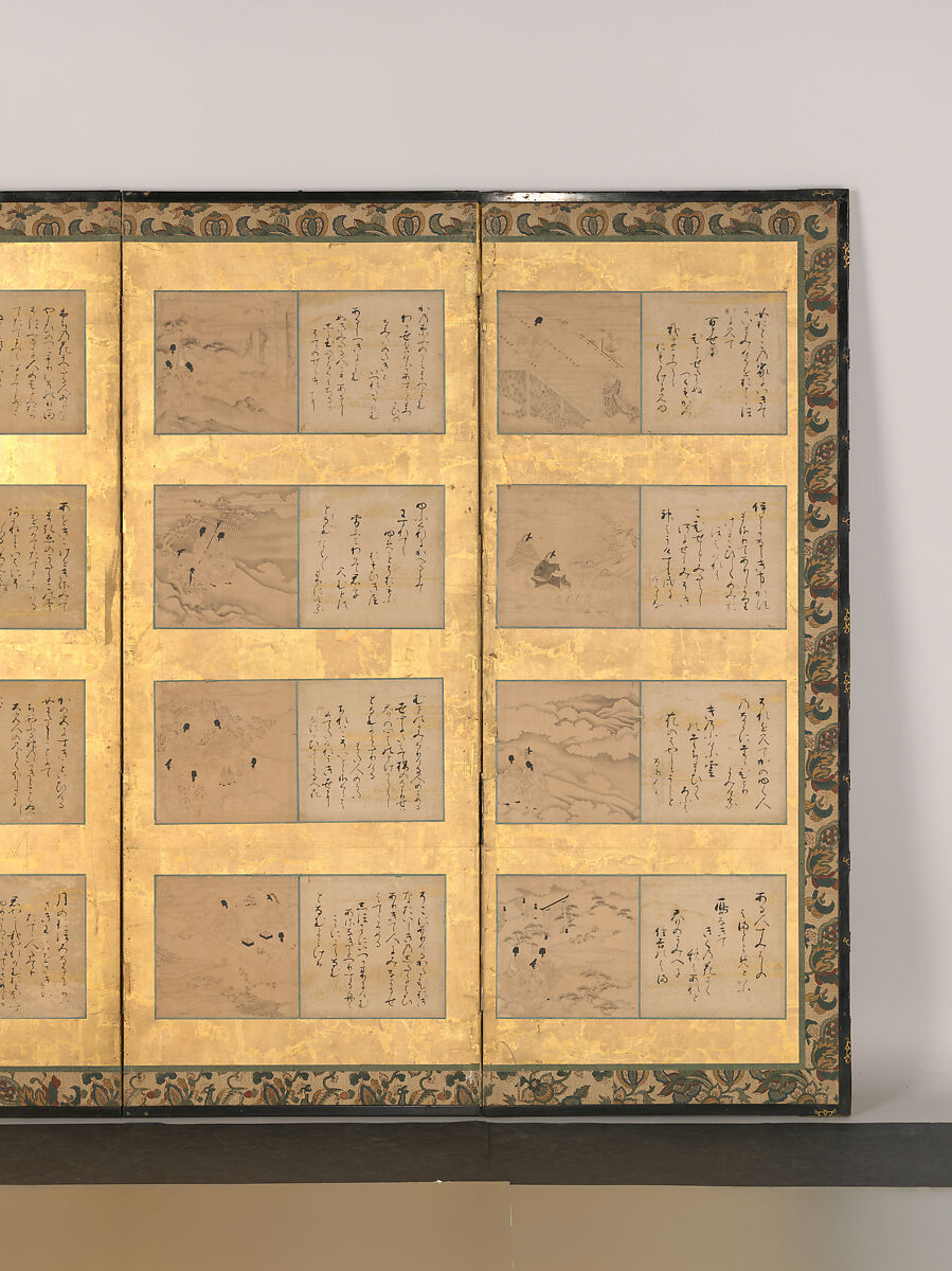 Forty-nine scenes from the Tales of Ise, Attributed to Satomura Genchin (Japanese, 1591–1665), Pair of six-panel folding screens, with ninety-eight paintings and poem cards (shikishi) applied to gold leaf on paper; paintings: ink and red ink on paper, text: ink on paper, Japan