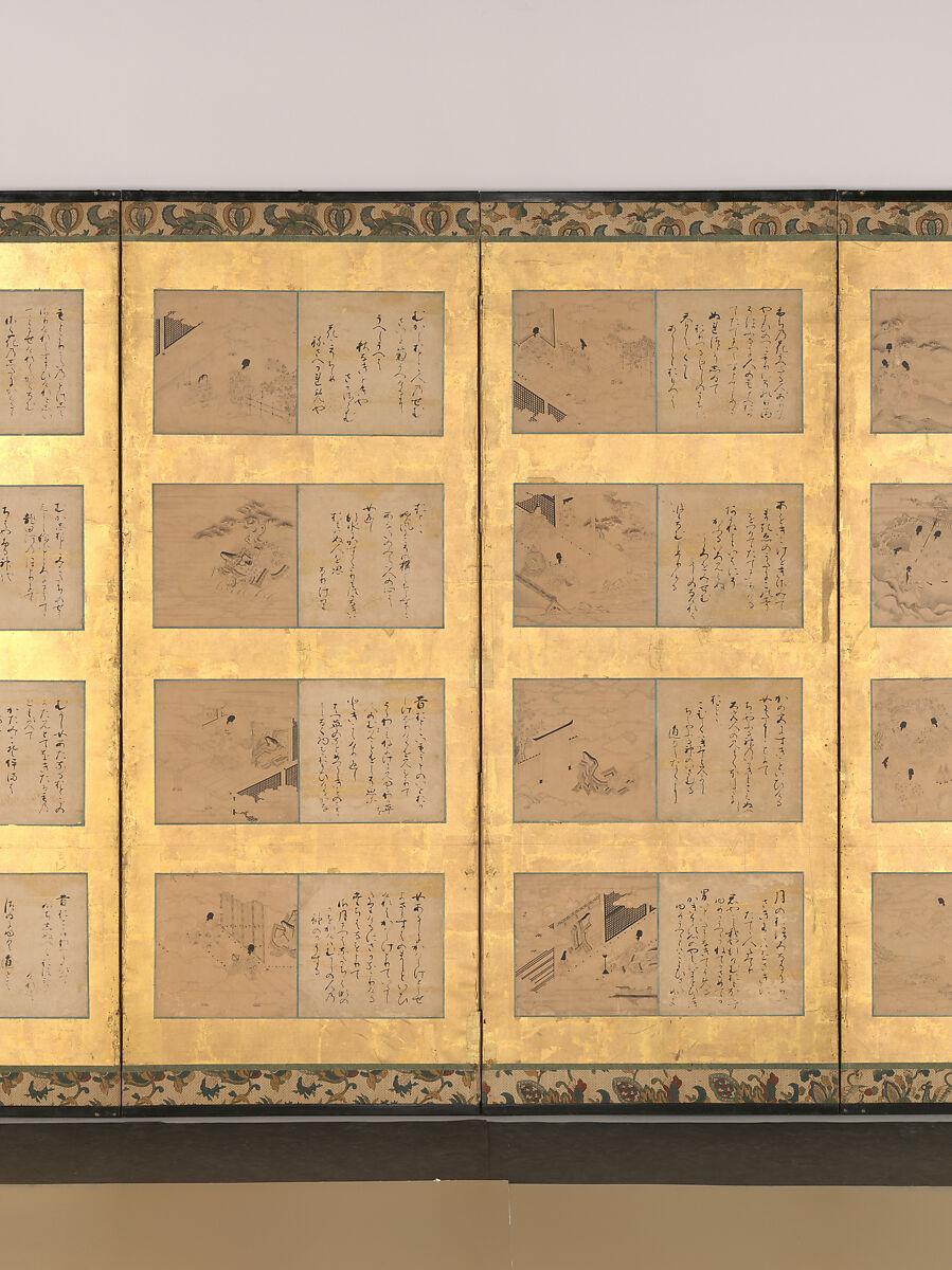 Forty-nine scenes from the Tales of Ise, Attributed to Satomura Genchin (Japanese, 1591–1665), Pair of six-panel folding screens, with ninety-eight paintings and poem cards (shikishi) applied to gold leaf on paper; paintings: ink and red ink on paper, text: ink on paper, Japan