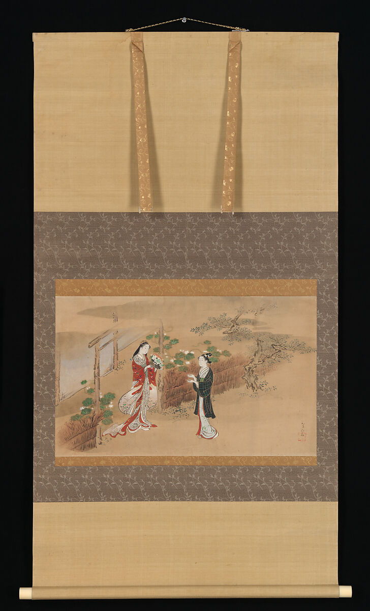 "Evening Faces" chapter from The Tale of Genji (Genji monogatari), Kawamata Tsunemasa (active 1716–48), Hanging scroll; ink and color on paper, Japan