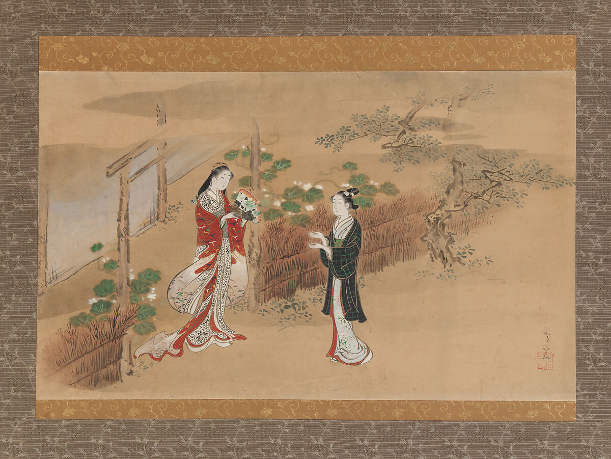 "Evening Faces" chapter from The Tale of Genji (Genji monogatari), Kawamata Tsunemasa (active 1716–48), Hanging scroll; ink and color on paper, Japan 