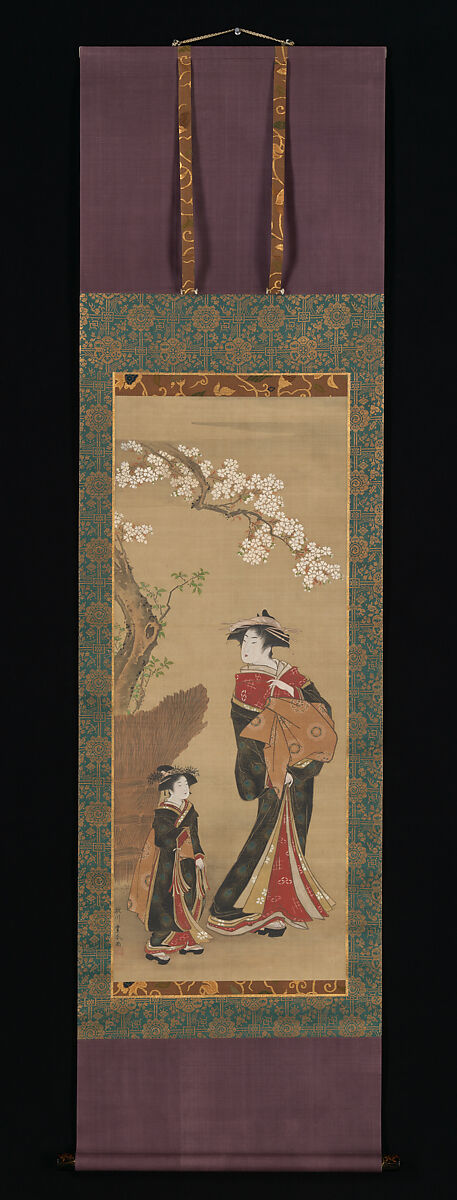 Courtesan and her Attendant under a Cherry 
Tree, Utagawa Toyoharu (Japanese, 1735–1814), Hanging scroll; ink and color on silk, Japan