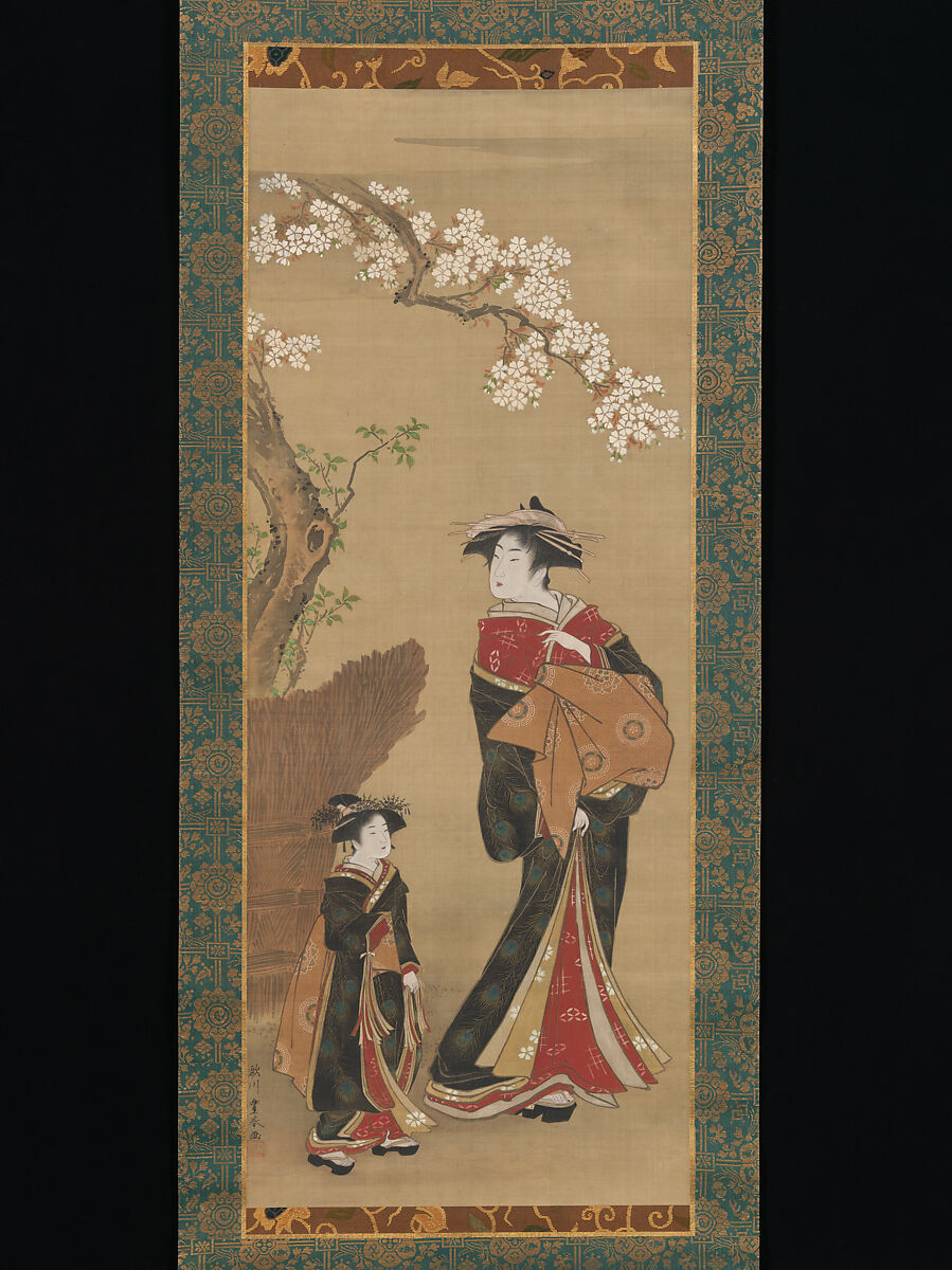 Courtesan and her Attendant under a Cherry 
Tree, Utagawa Toyoharu (Japanese, 1735–1814), Hanging scroll; ink and color on silk, Japan 