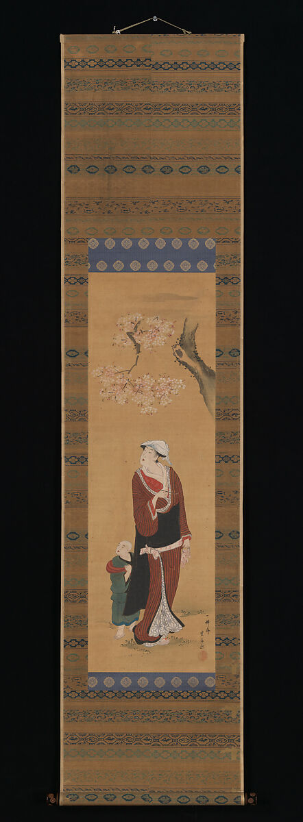 Woman and Child under a Cherry Tree, Utagawa Toyohiro (Japanese, 1763–1828), Hanging scroll; ink and color on silk, Japan