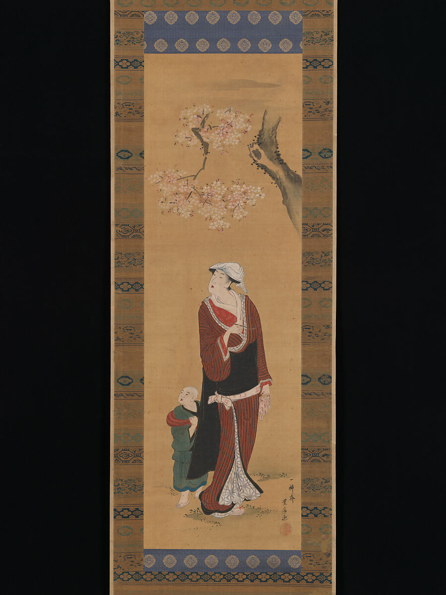 Woman and Child under a Cherry Tree, Utagawa Toyohiro (Japanese, 1763–1828), Hanging scroll; ink and color on silk, Japan 
