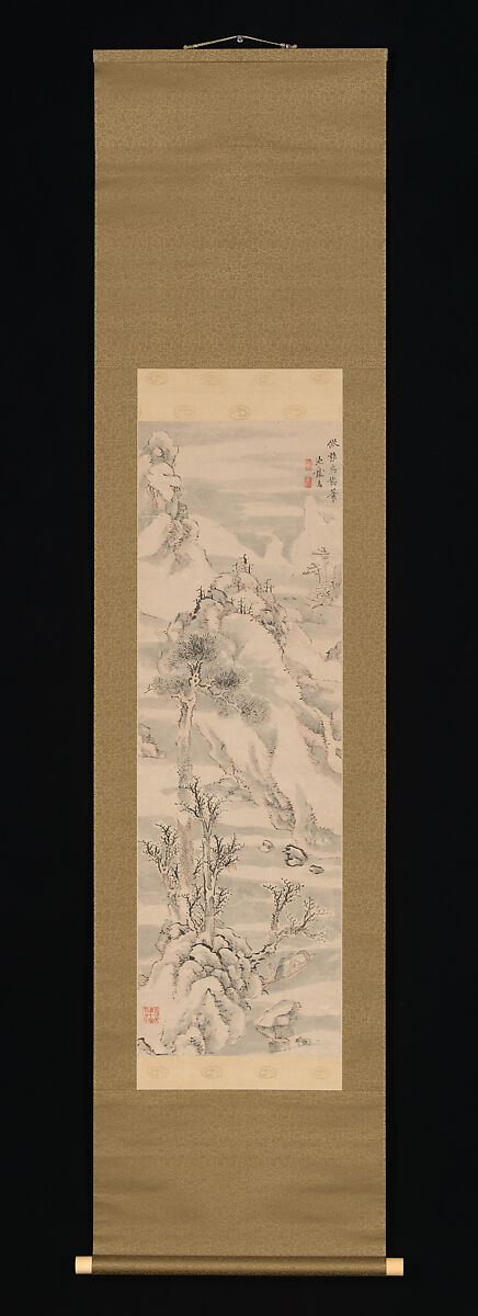 Wintry Landscape, in the Style of Guo Zhongshu, Ike no Taiga (Japanese, 1723–1776), Hanging scroll; ink and color on paper, Japan