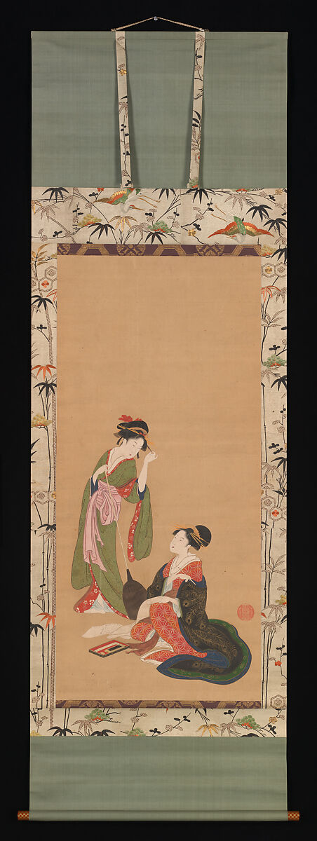 Courtesans Parodying Kanzan and Jittoku, Kinpūsha Toyomaro (Japanese, active early 19th century), Hanging scroll; ink, color and gold on paper, Japan