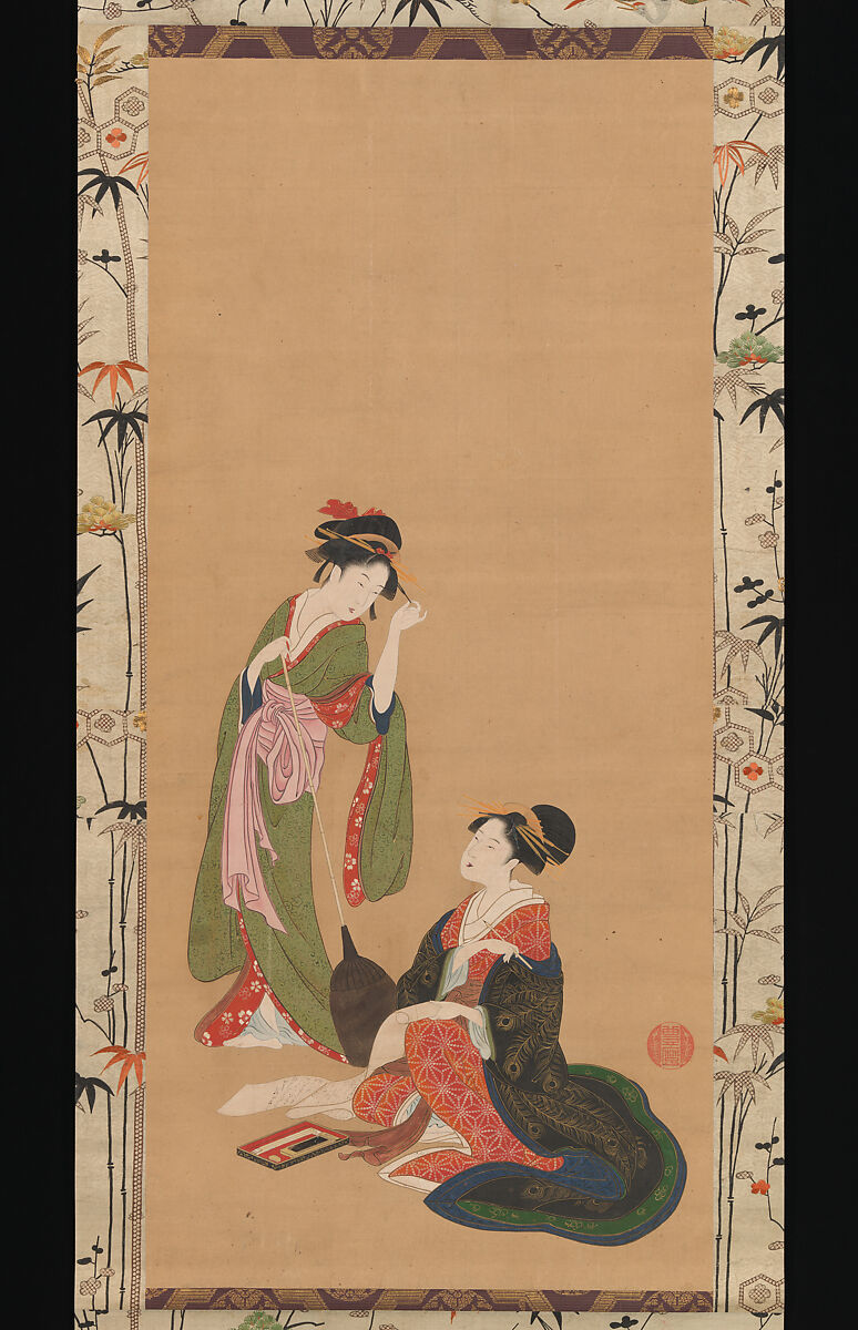 Courtesans Parodying Kanzan and Jittoku, Kinpūsha Toyomaro (Japanese, active early 19th century), Hanging scroll; ink, color and gold on paper, Japan 