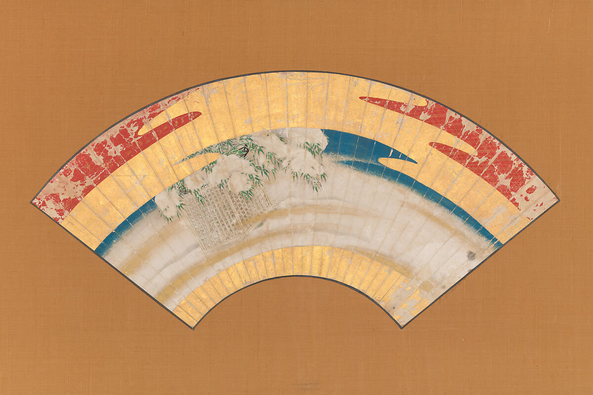 Breaking a Plum Branch on a Snowy Night; 
Bamboo in Snow, Attributed to Reizei Tamechika (1823–1864), Two folding fans mounted on panels; ink, color and gold on paper, Japan 
