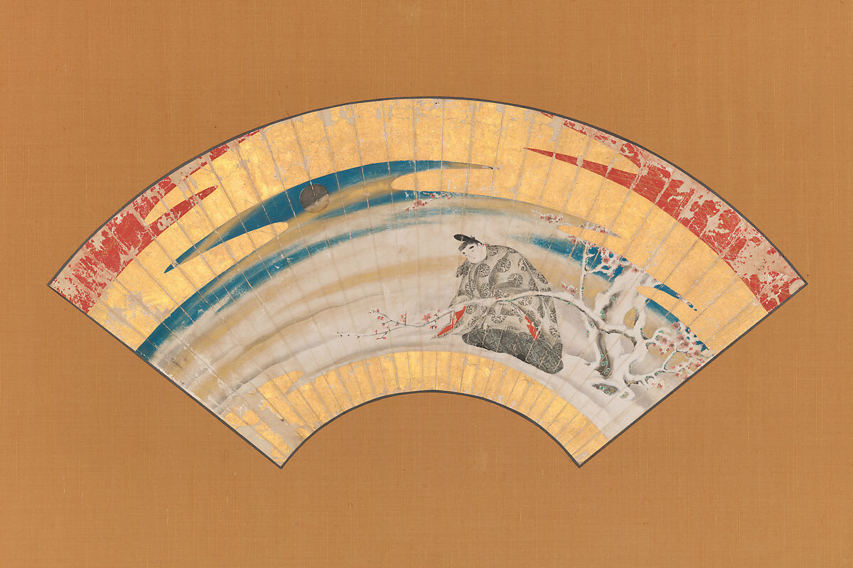 Breaking a Plum Branch on a Snowy Night; 
Bamboo in Snow, Attributed to Reizei Tamechika (1823–1864), Two folding fans mounted on panels; ink, color and gold on paper, Japan