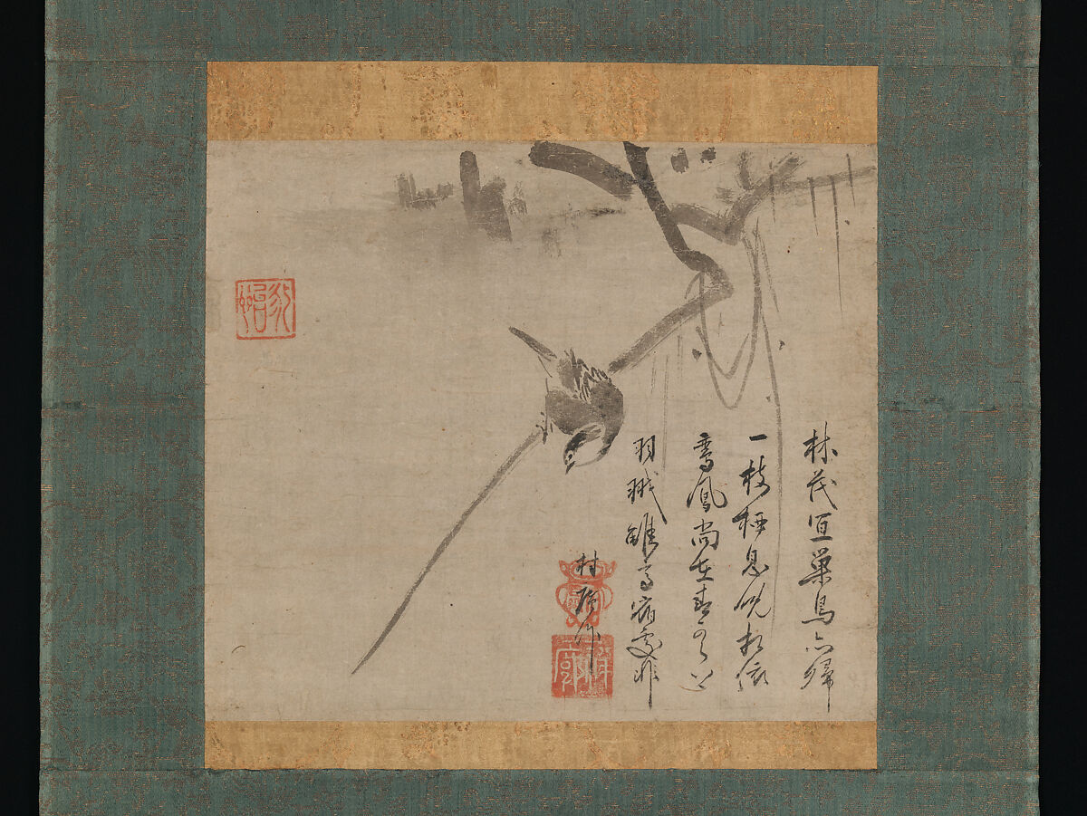Bird on a Branch, Unkei Eii (Japanese, active first half of the 16th century), Hanging scroll; ink on paper, Japan 