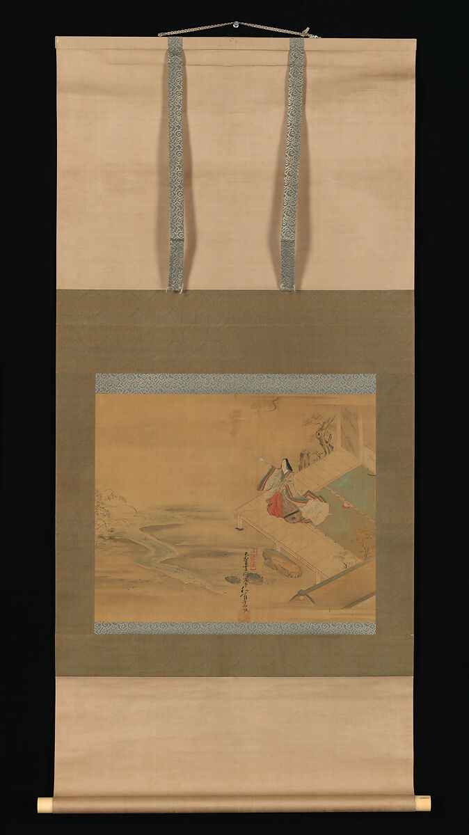 Princess Ogimi from the "Bridge Maiden" (Hashihime)  chapter from The Tale of Genji (Genji Monogatari), Hishikawa Waō (Japanese, active early 18th century), Hanging scroll; ink, color and gold on silk, Japan