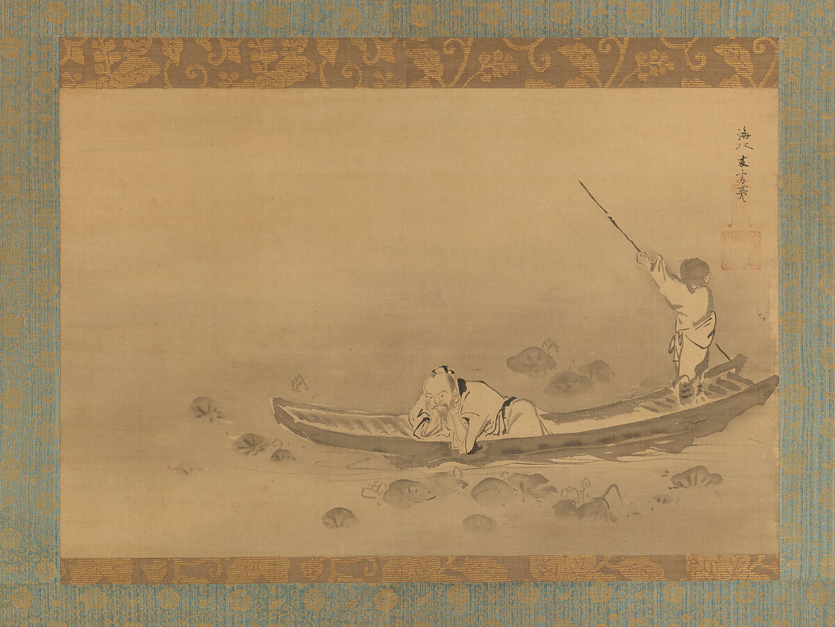 Zhou Maoshu Admiring Lotuses, Kaihō Yūsetsu (Japanese, 1598–1677), Hanging scroll; ink on silk, Japan 