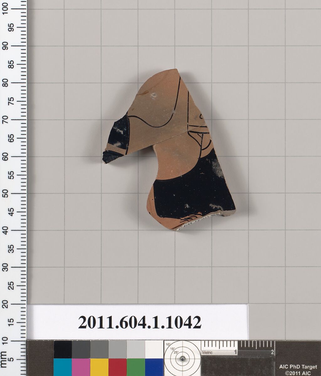Terracotta fragment of a kylix (drinking cup), Terracotta, Greek, Attic