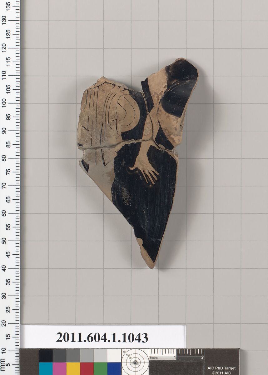 Terracotta fragment of a kylix (drinking cup), Terracotta, Greek, Attic