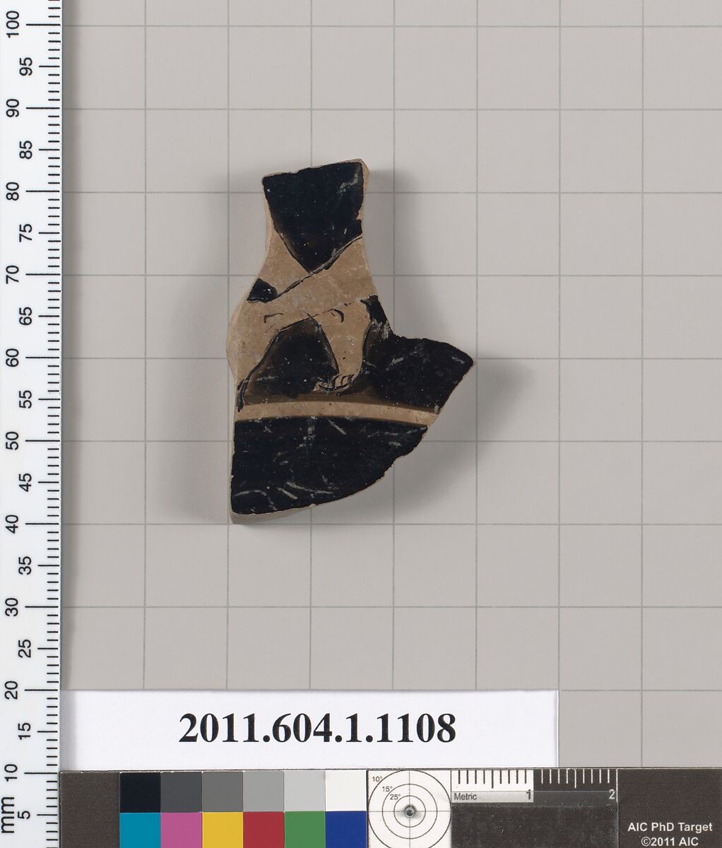 Terracotta fragment of a kylix (drinking cup), Terracotta, Greek, Attic