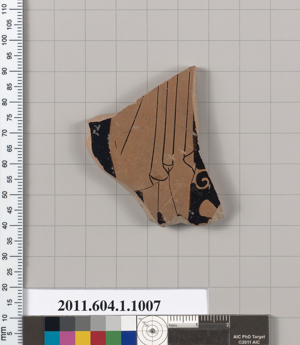 Terracotta fragment of a kylix (drinking cup), Terracotta, Greek, Attic