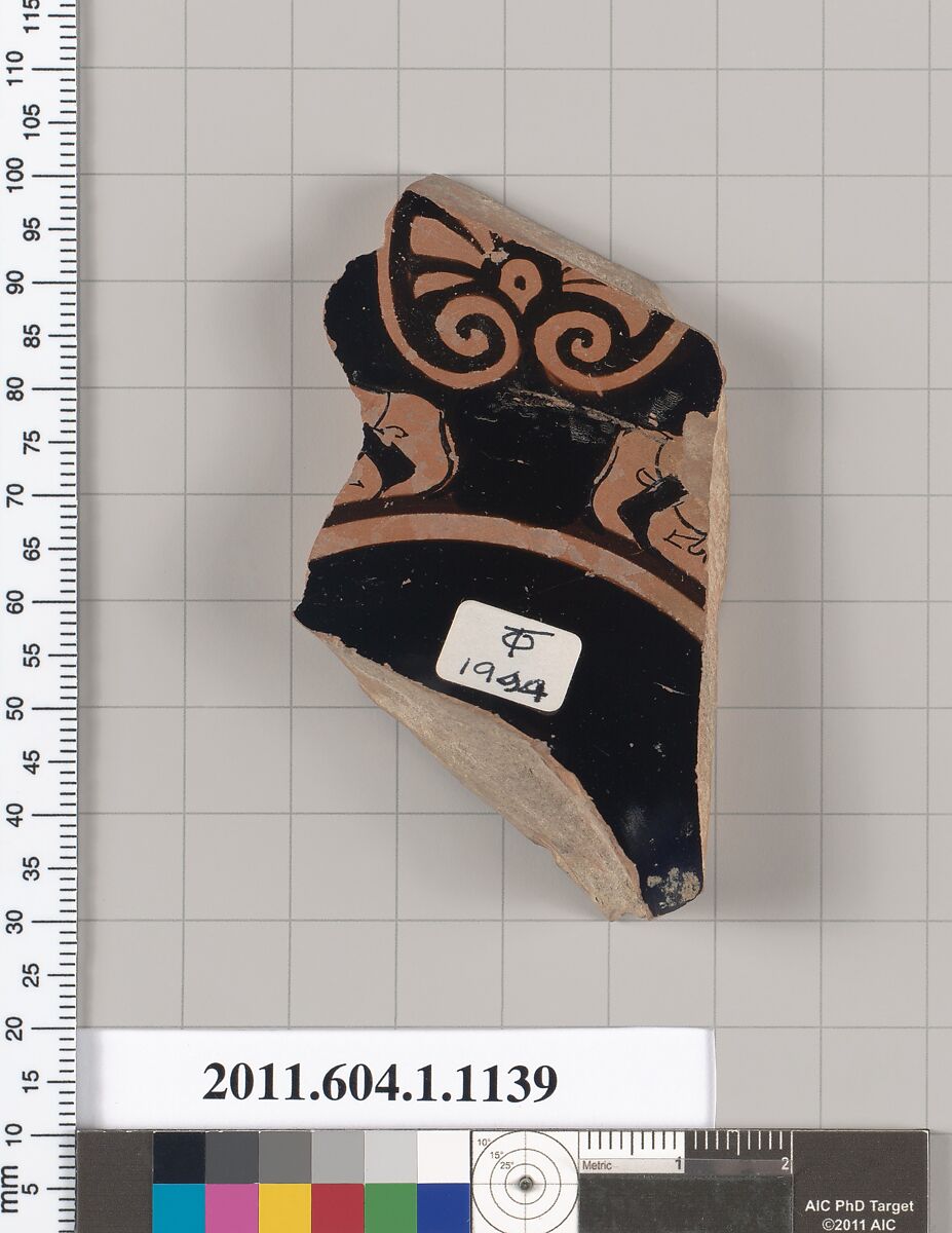 Terracotta fragment of a kylix (drinking cup), Terracotta, Greek, Attic