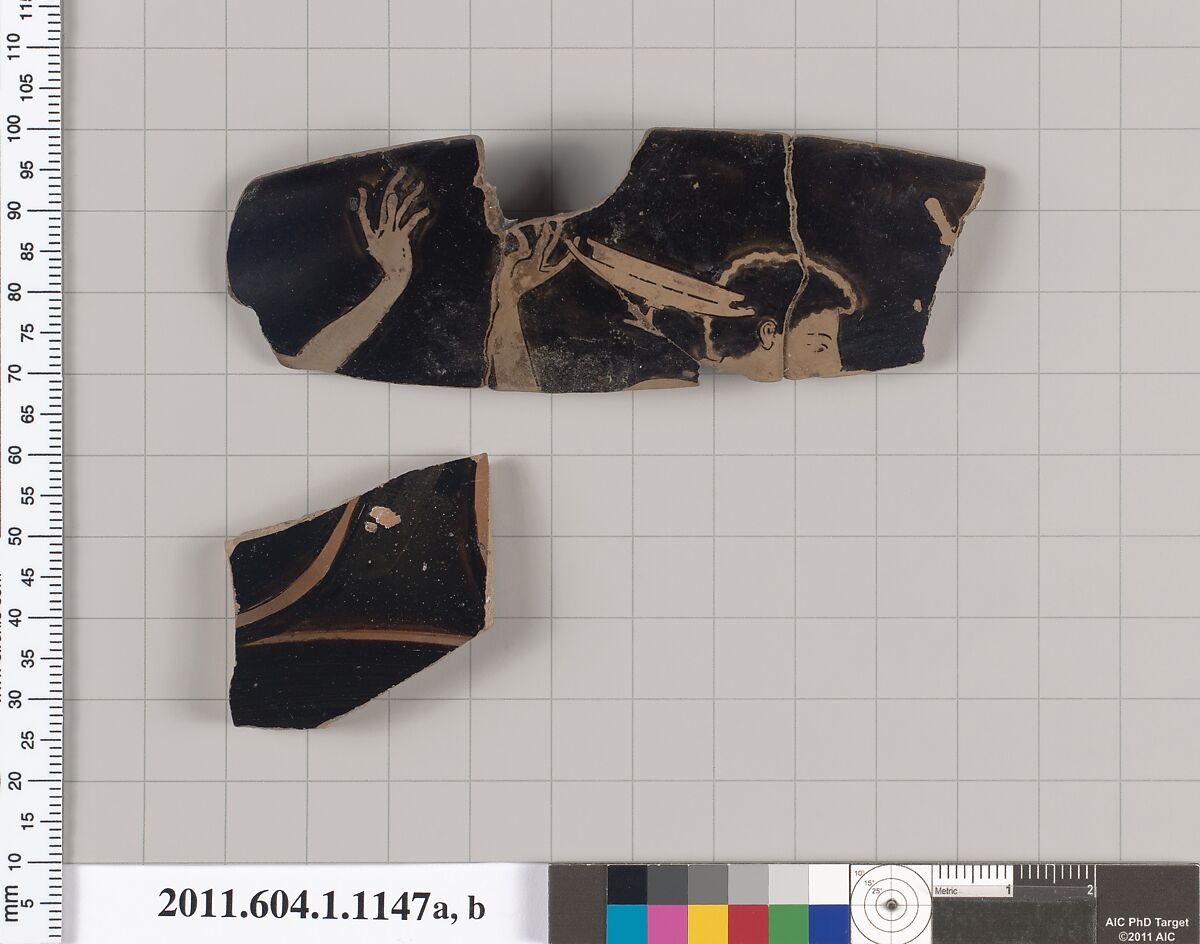 Terracotta rim fragment of a kylix (drinking cup), Terracotta, Greek, Attic 