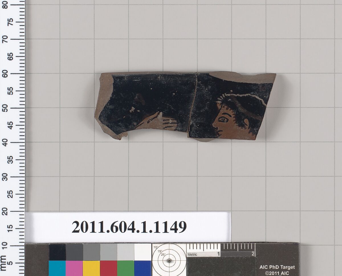 Terracotta rim fragment of a kylix (drinking cup), Terracotta, Greek, Attic 