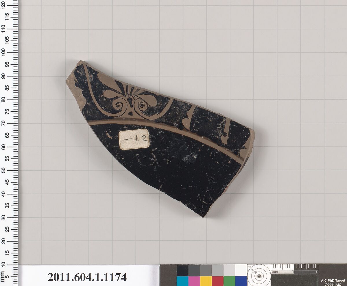 Terracotta fragment of a kylix (drinking cup), Terracotta, Greek, Attic