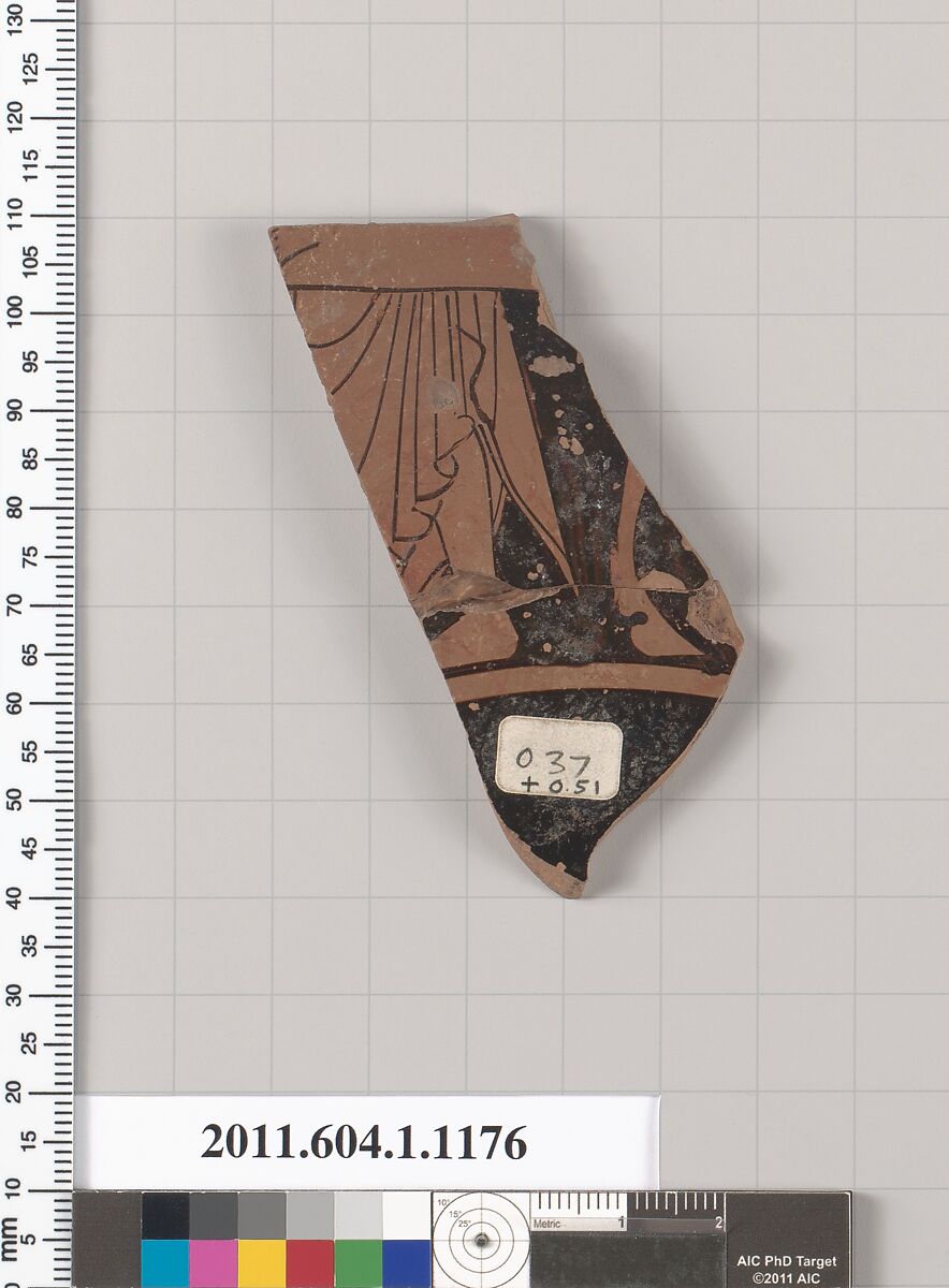 Terracotta fragment of a kylix (drinking cup), Terracotta, Greek, Attic
