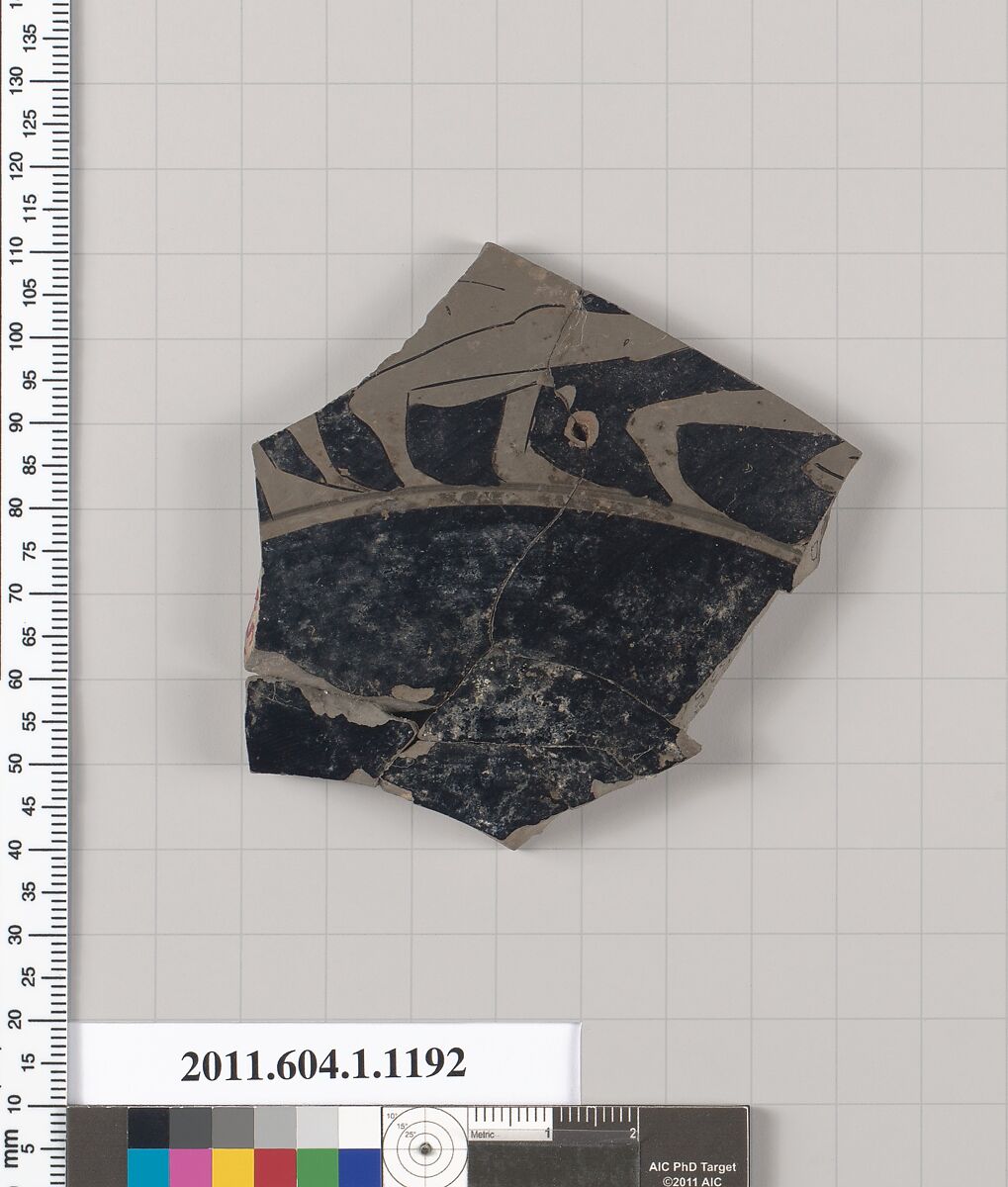 Terracotta fragment of a kylix (drinking cup), Terracotta, Greek, Attic
