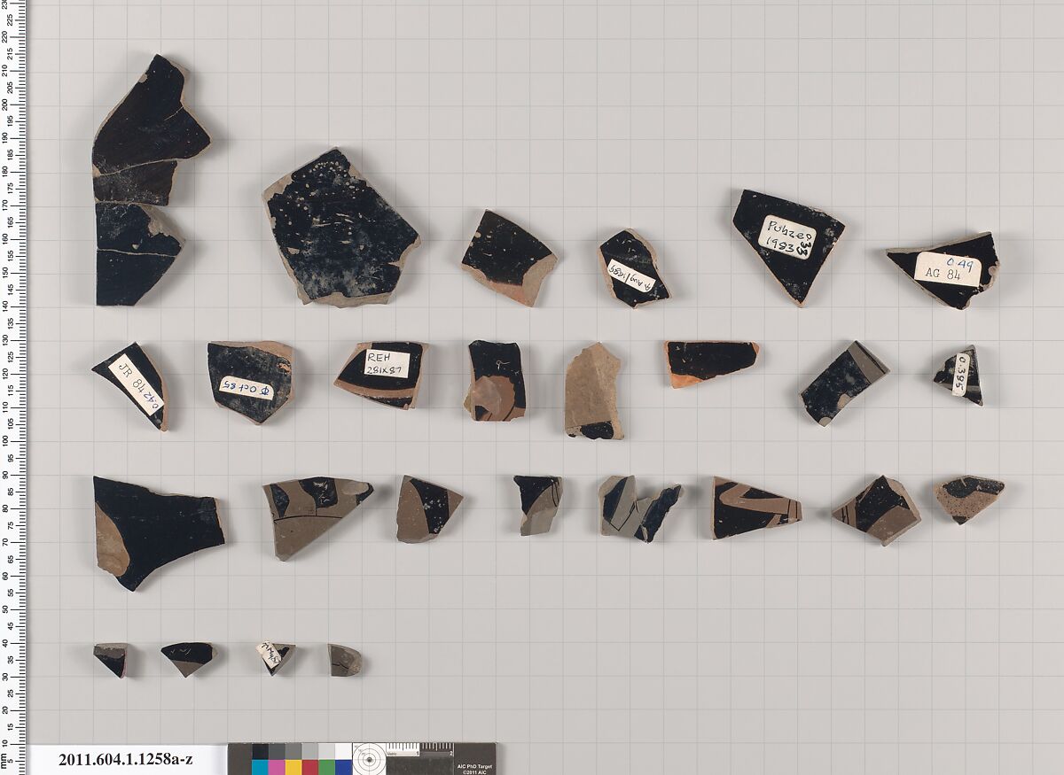Terracotta fragments of kylikes (drinking cups), Terracotta, Greek, Attic
