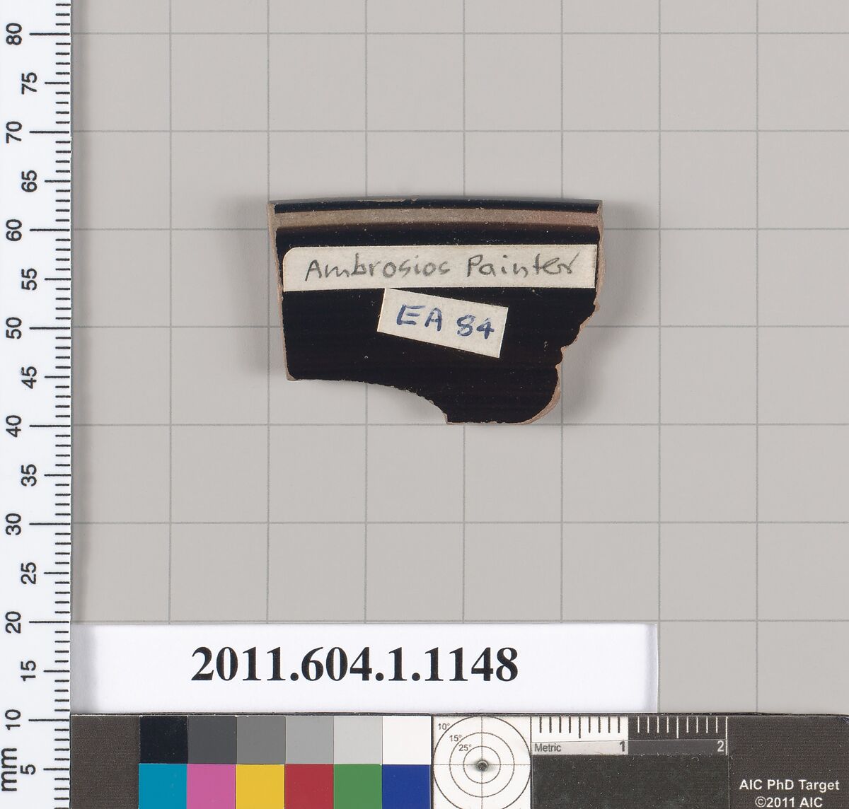 Terracotta rim fragment of a kylix (drinking cup), Attributed to the Ambrosios Painter [DvB], Terracotta, Greek, Attic