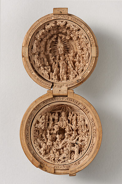 Prayer Bead with God in Glory and the Last Judgment, Boxwood; leather case, Netherlandish 