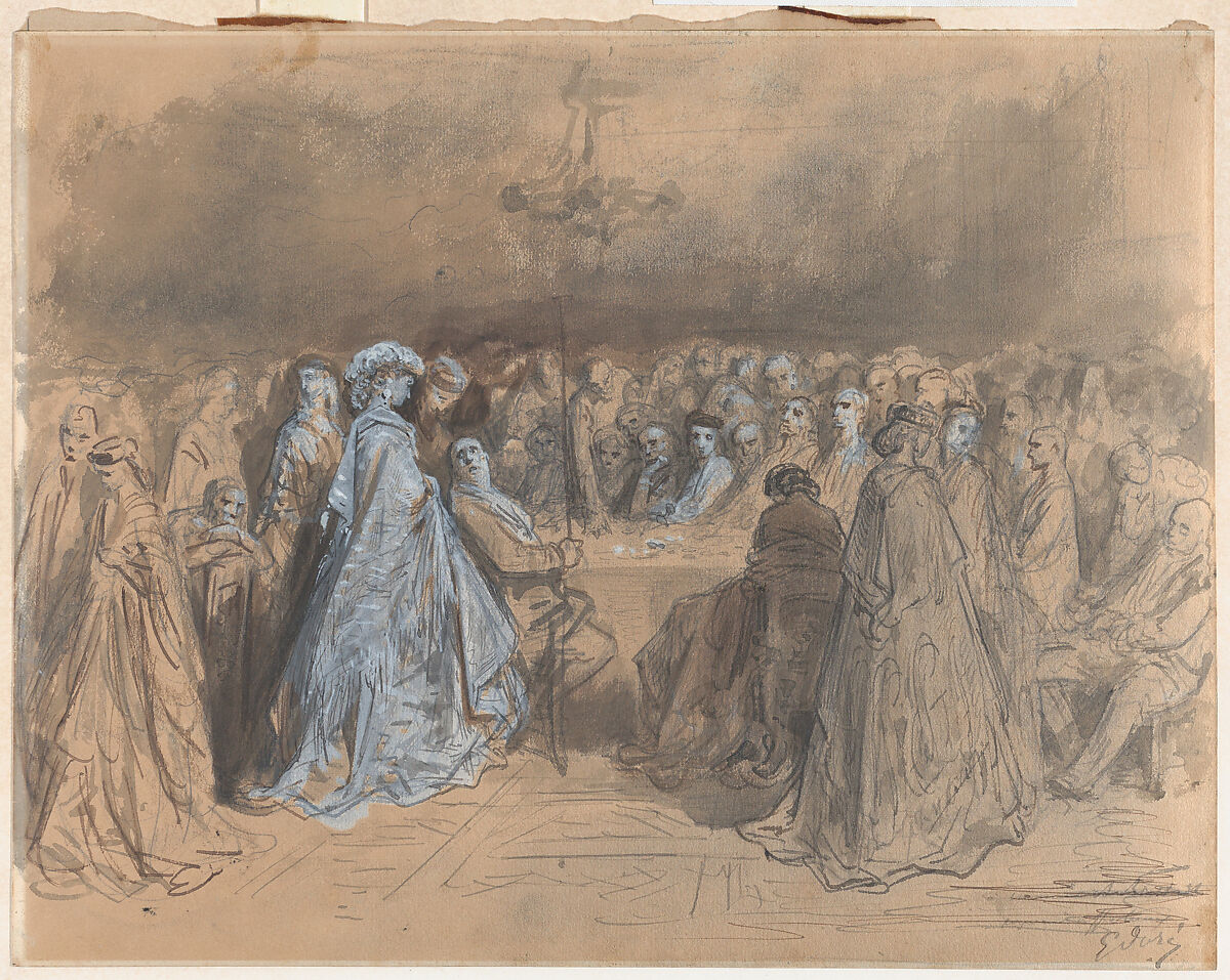 Pauline Viardot Gambling at Baden-Baden, Gustave Doré (French, Strasbourg 1832–1883 Paris), Graphite, pen and gray and brown ink, brush and brown and gray wash, heightened with white and gray gouache on wove paper 