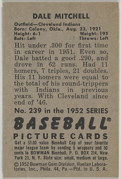 Dale Mitchell, Outfield, Cleveland Indians, from Picture Cards, series 6 (R406-6) issued by Bowman Gum, Issued by Bowman Gum Company, Commercial color lithograph