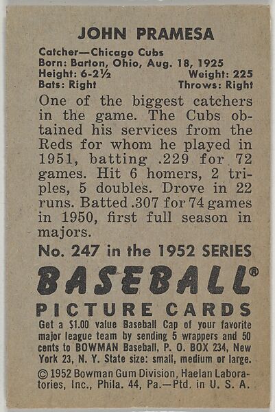 John Pramesa, Catcher, Chicago Cubs, from Picture Cards, series 6 (R406-6) issued by Bowman Gum, Issued by Bowman Gum Company, Commercial color lithograph