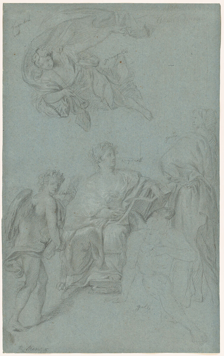 The Triumph of History over Time, Anton Raphael Mengs (German, Ústi nad Labem (Aussig) 1728–1779 Rome), Black and white chalk, on blue paper 