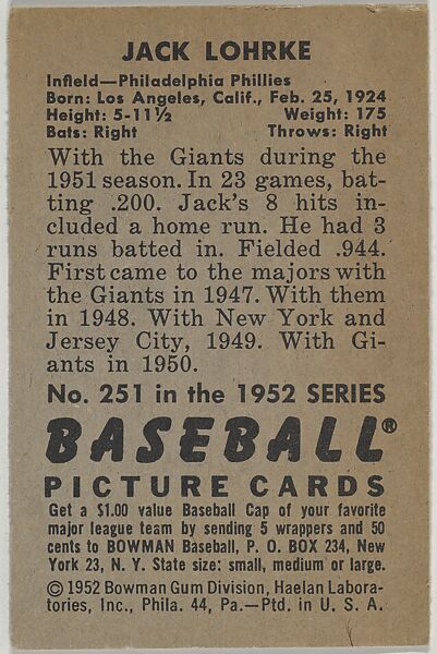 Jack Lohrke, Infield, Philadelphia Phillies, from Picture Cards, series 6 (R406-6) issued by Bowman Gum, Issued by Bowman Gum Company, Commercial color lithograph