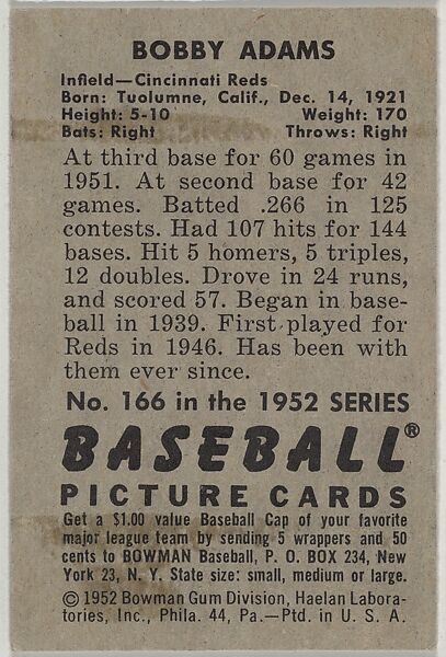Bobby Adams, Infield, Cincinnati Reds, from Picture Cards, series 6 (R406-6) issued by Bowman Gum, Issued by Bowman Gum Company, Commercial color lithograph