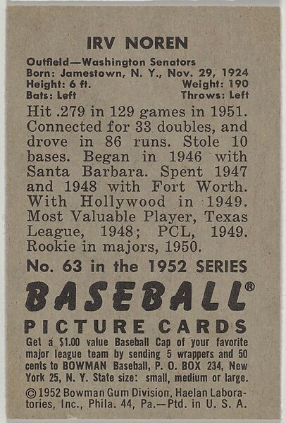 Irv Noren, Outfield, Washington Senators, from Picture Cards, series 6 (R406-6) issued by Bowman Gum, Issued by Bowman Gum Company, Commercial color lithograph