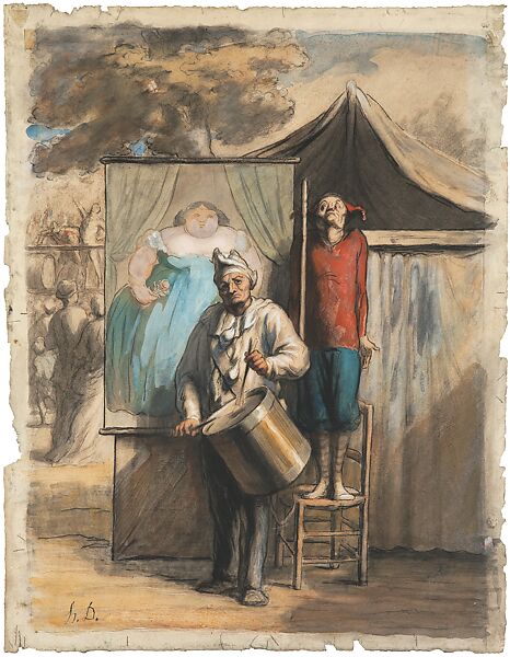 The Sideshow (La Parade), Honoré Daumier (French, Marseilles 1808–1879 Valmondois), Charcoal, pen and ink, gray wash, watercolor, gouache, and conté crayon on paper 