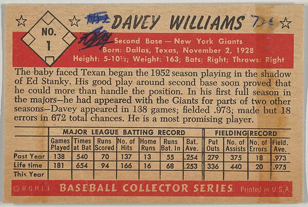 Davey Williams, 2nd Base, New York Giants, from Collector Series, Colors set, series 7 (R406-7) issued by Bowman Gum, Issued by Bowman Gum Company, Commercial color lithograph