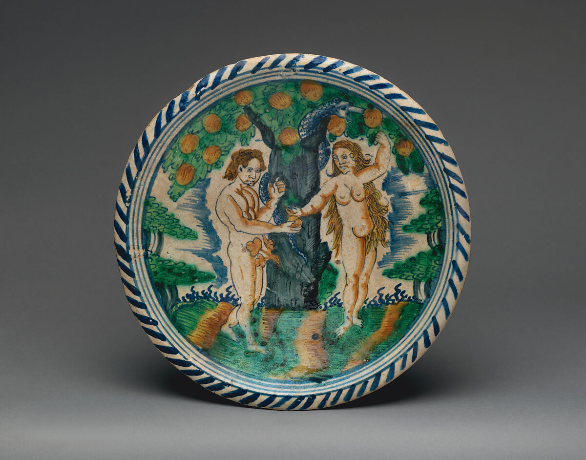 Display dish with the Temptation of Adam and Eve, Delftware (tin-glazed earthenware), British, probably London