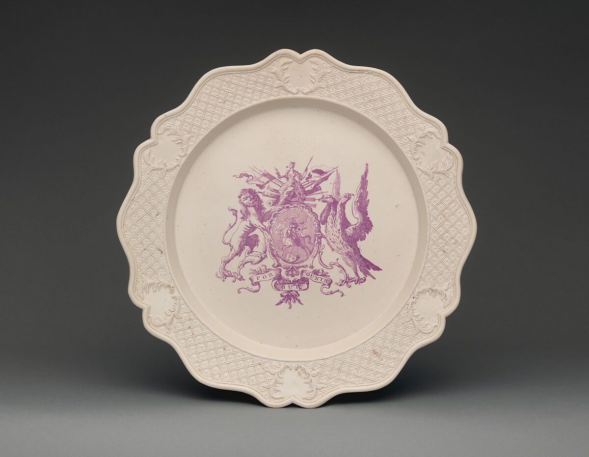 Dish with the Arms of the Anti-Gallican Society, White salt-glazed stoneware with transfer-printed decoration, British, Staffordshire 
